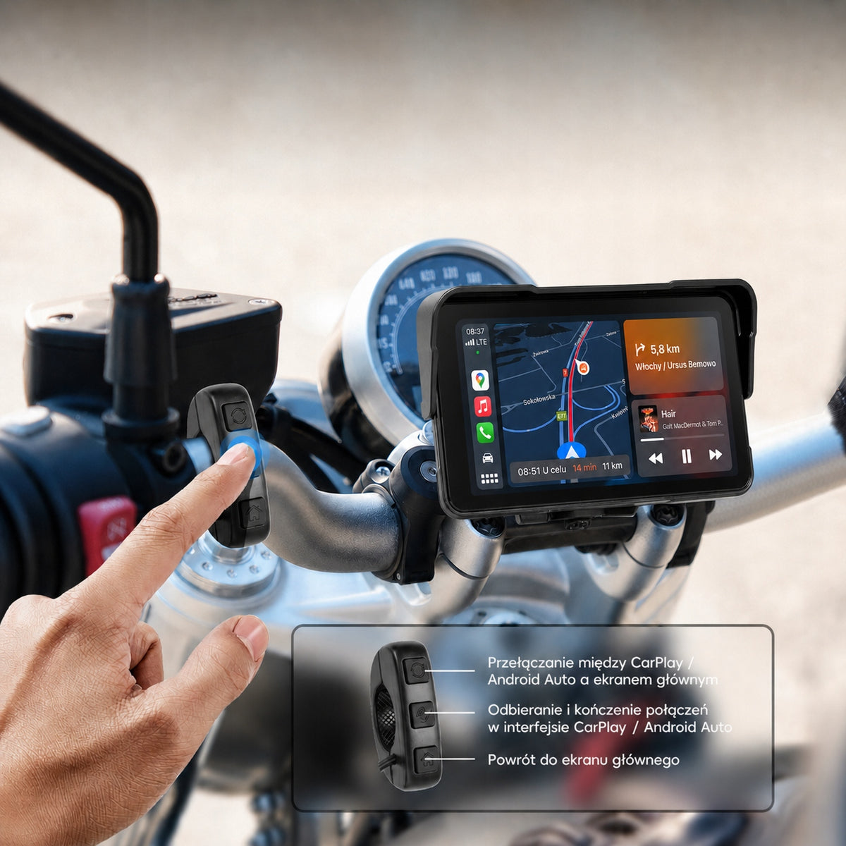 Ekran motocyklowy Podofo A4527 5″ – CarPlay / Android Auto