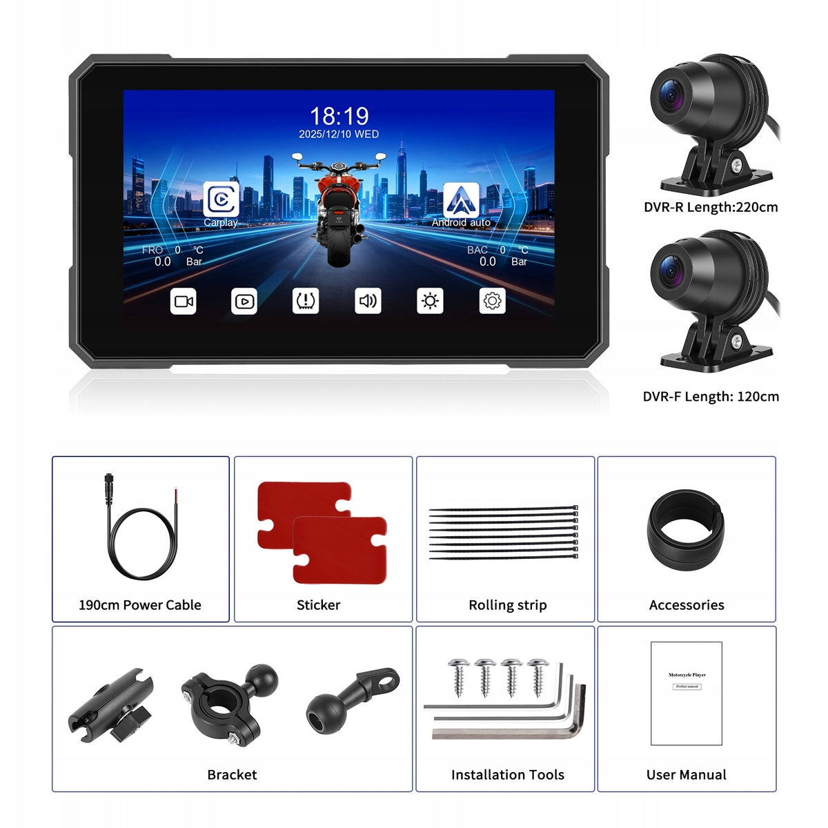 Ekran motocyklowy Podofo A4535 5″ z dwiema kamerami – CarPlay / Android Auto