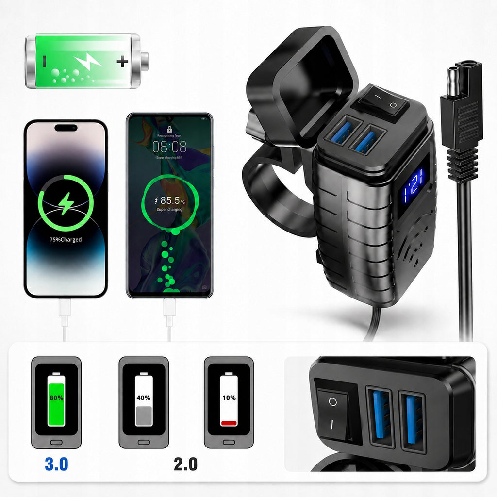 Ładowarka motocyklowa USB-A / USB-C z woltomierzem