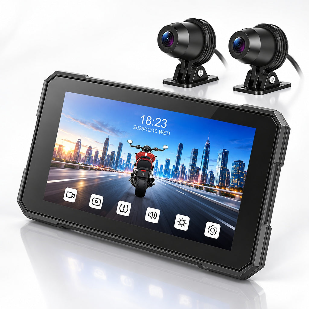 Ekran motocyklowy Podofo A4535 5″ z dwiema kamerami – CarPlay / Android Auto