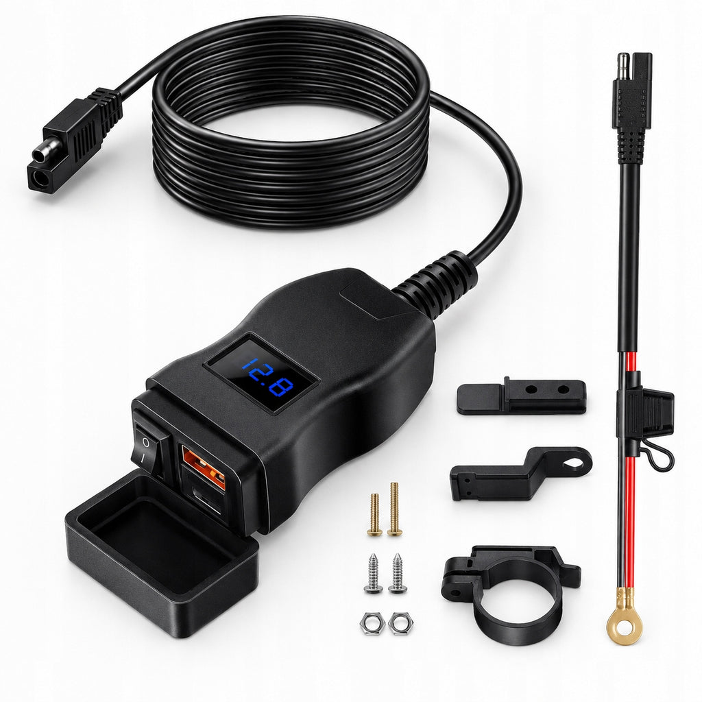 Ładowarka motocyklowa USB-A / USB-C z woltomierzem