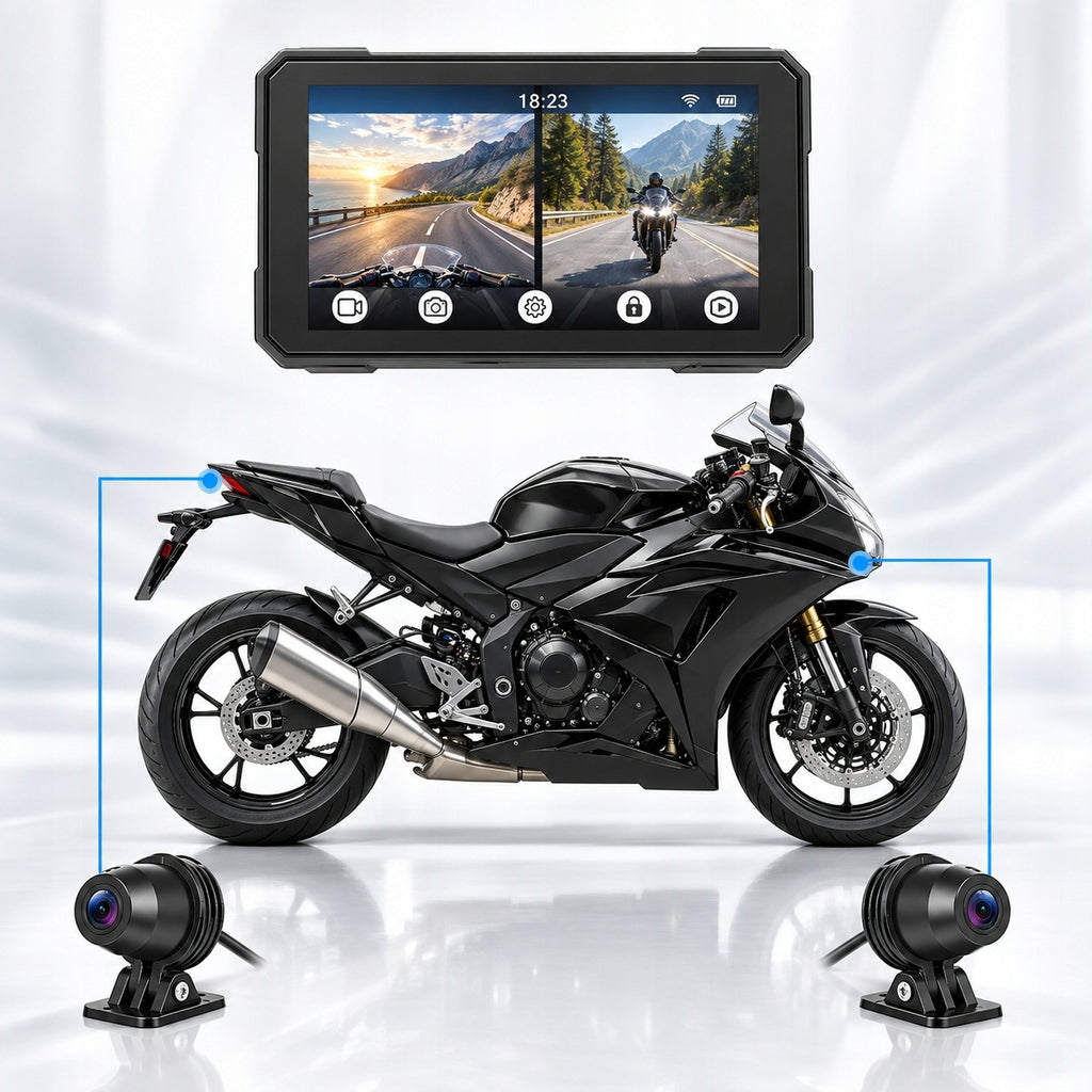 Ekran motocyklowy Podofo A4535 5″ z dwiema kamerami – CarPlay / Android Auto