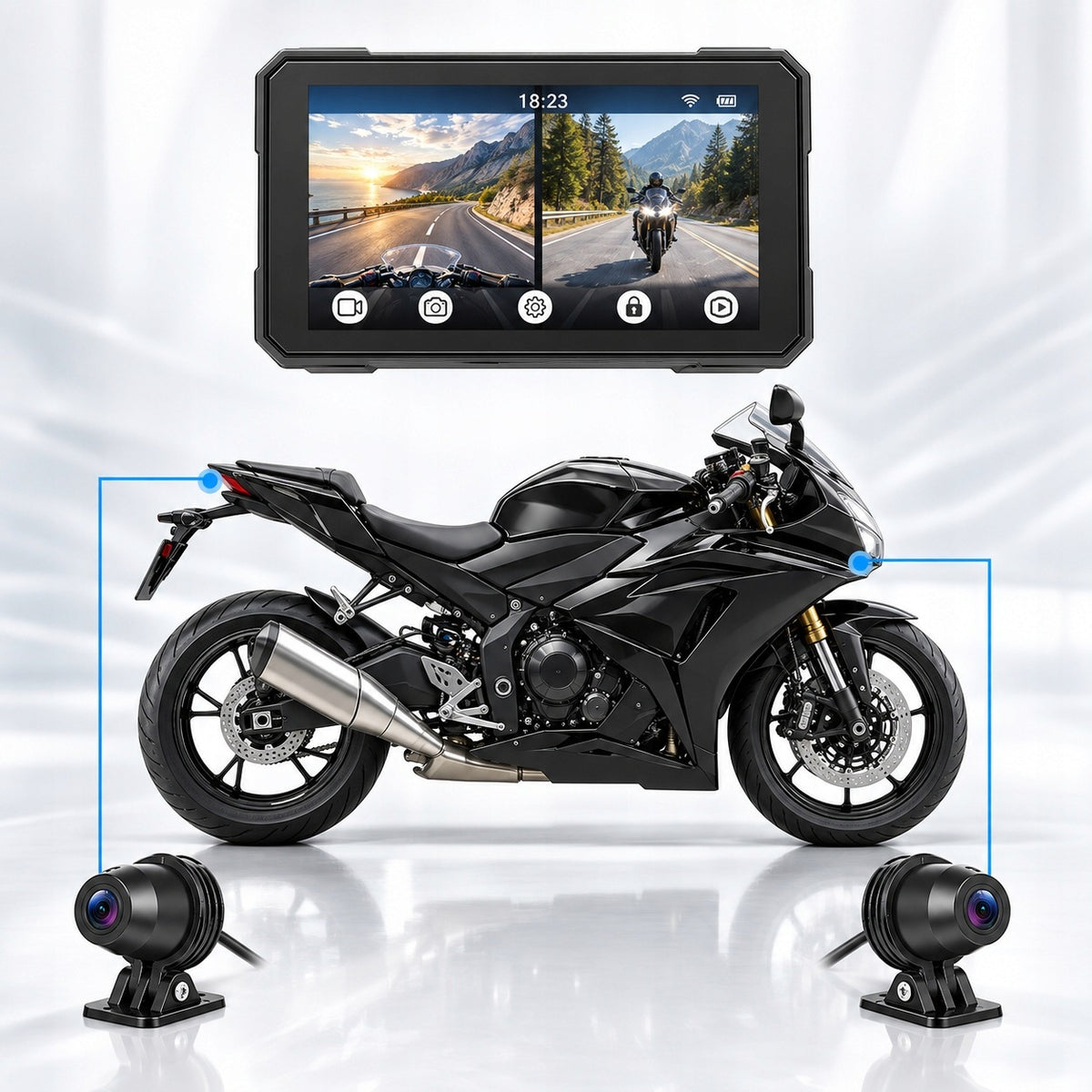 Ekran motocyklowy Podofo A4535 5″ z dwiema kamerami – CarPlay / Android Auto