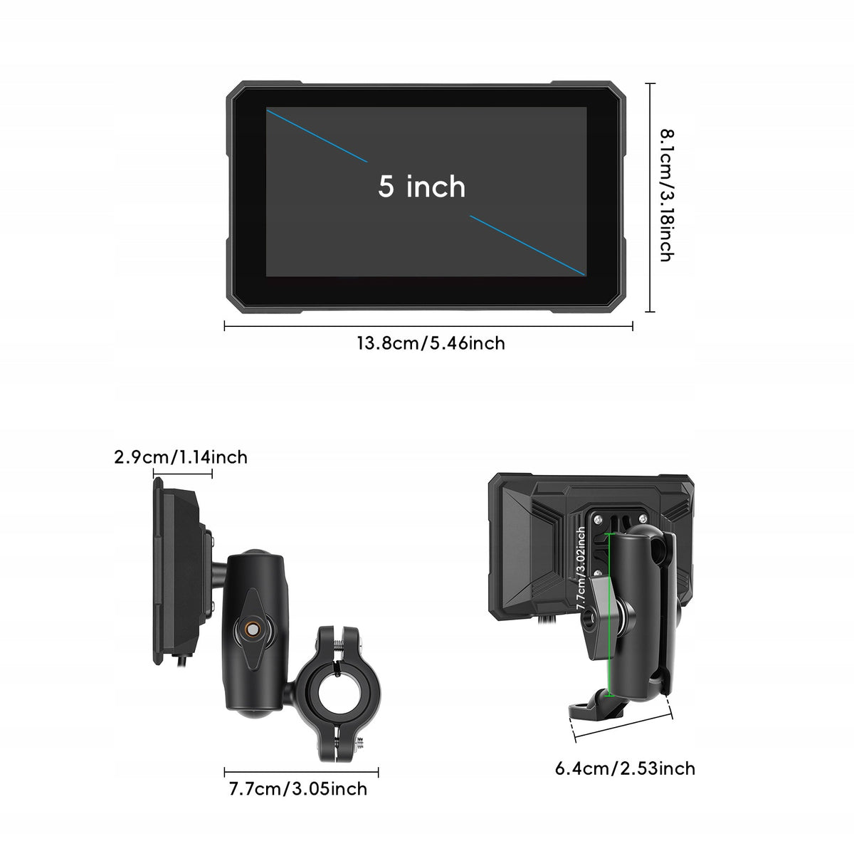Ekran motocyklowy Podofo A4535 5″ z dwiema kamerami – CarPlay / Android Auto