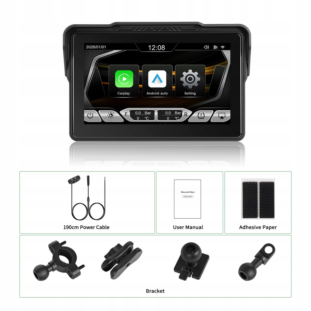 Ekran motocyklowy Podofo A4629 7″ – CarPlay / Android Auto