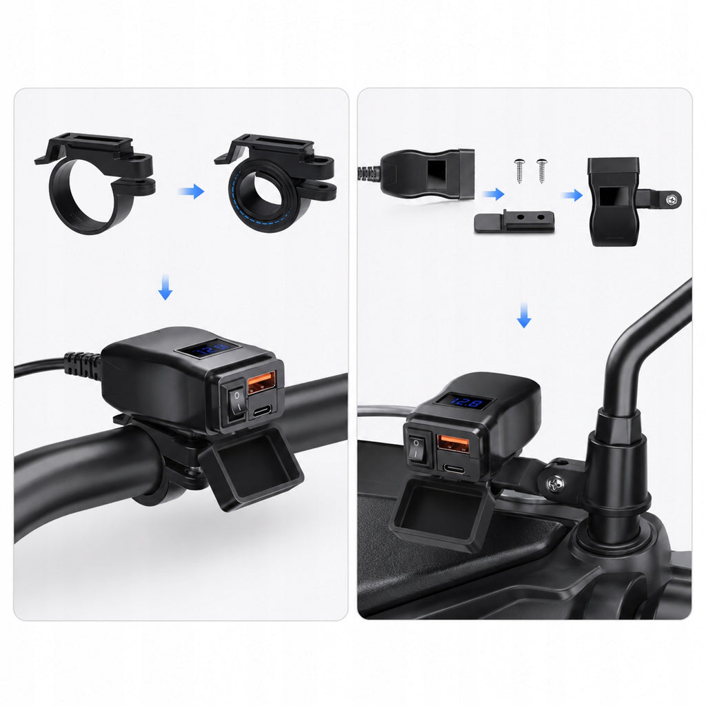Ładowarka motocyklowa USB-A / USB-C z woltomierzem