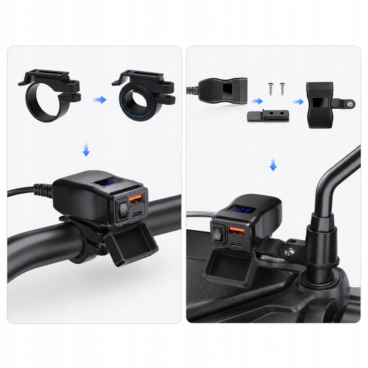Ładowarka motocyklowa USB-A / USB-C z woltomierzem